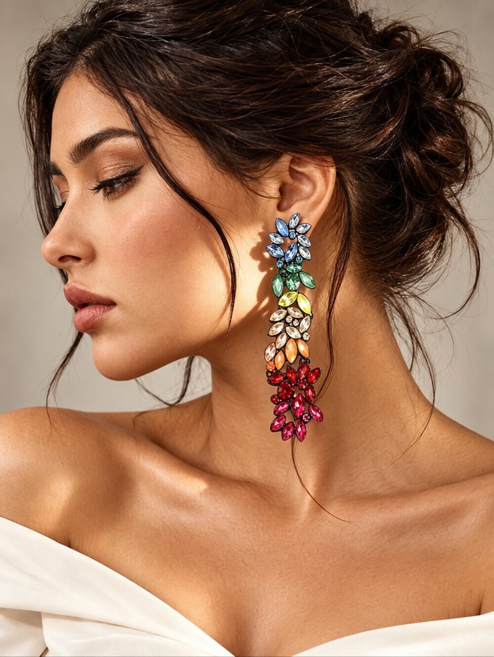 Rainbow Crystals Floral Cascade Statement Earrings